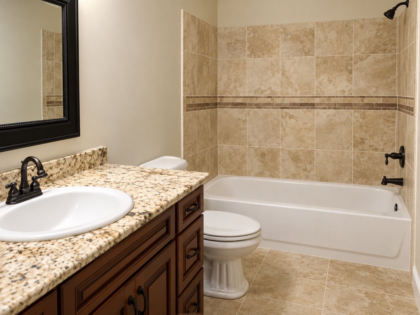 Completed bathroom with tiled tub surround, decorative tile band, and tile floor