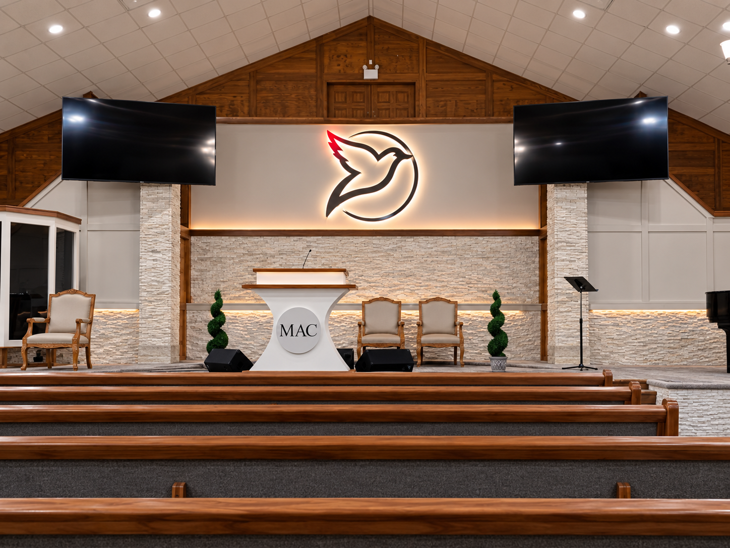 Church stage with a stacked-stone feature wall